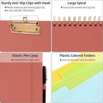 Ospelelf Foldable Spiral Clipboard Folio with Storage Zipper Pouch, 5 Plastic Folders with 10 Pockets,Refillable Lined Notepad (11" x 8.5"), Hardcover Project Organizer with 39 Stickers (Purple)
