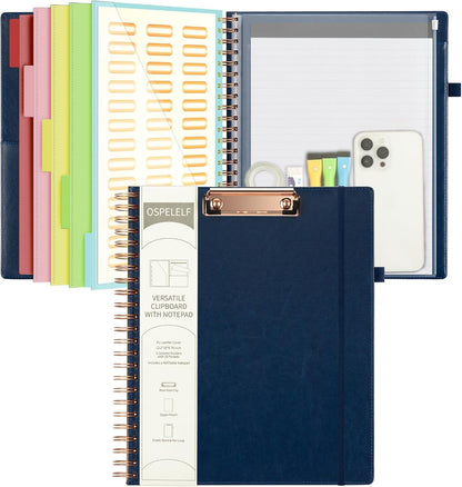 Ospelelf Leather Clipboard Folio with Notepad for Letter Size, Spiral Clipboard Folder with Storage Zipper Pouch, 5 Folders with 10 Pockets, 39 Divider Label Stickers, Pen Loop Series (Green)