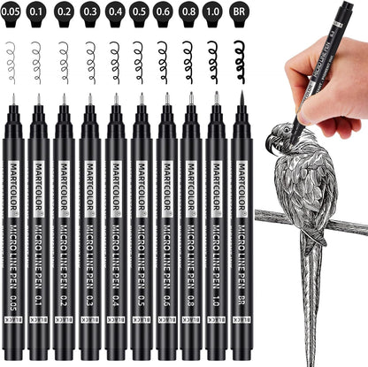 MARTCOLOR Micro Pen Fineliner Pens, 10 Size Fine Point Archival Black Ink Pens, Waterproof Multiliner Pen for Artist Illustration, Sketching, Art Drawing, Anime, Manga, DIY Gifts Projects