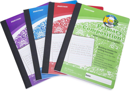 Mintra Primary Composition Notebook, 4 Pack, Assorted Colors 80 Sheets, 7.5in x 9.75in, 1/2 Sheet, Ruled with Drawing Area, Flexible Hardcover Journal, Grades K-2, School & Home Use