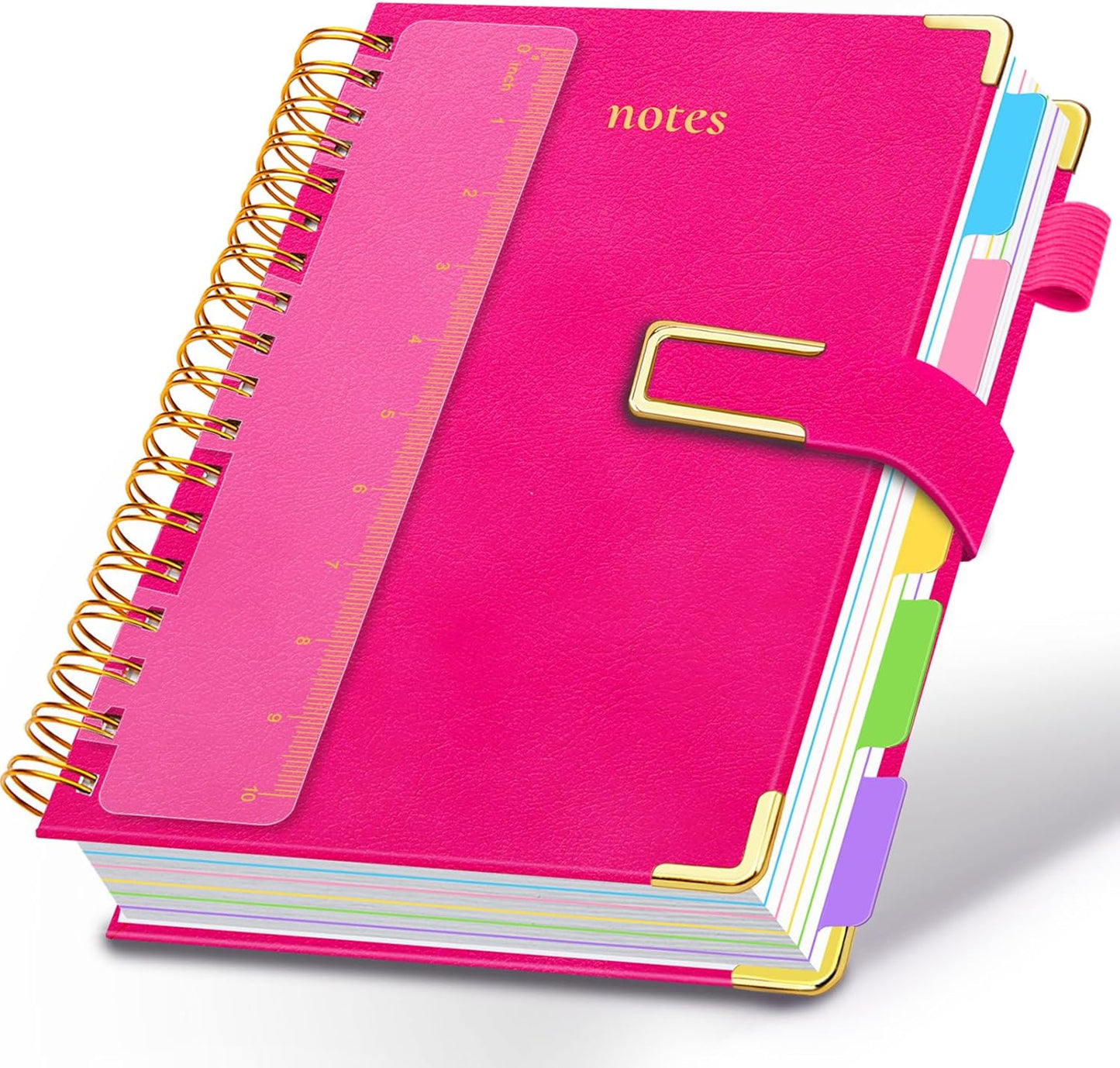Hardcover Spiral Notebook College Ruled, 8"x10" Leather Journal Notebook with Magnetic Closure, 300 Pages 5 Subject Notebook with Dividers Tabs Journal for Women Men, Work, School(Rose Red)