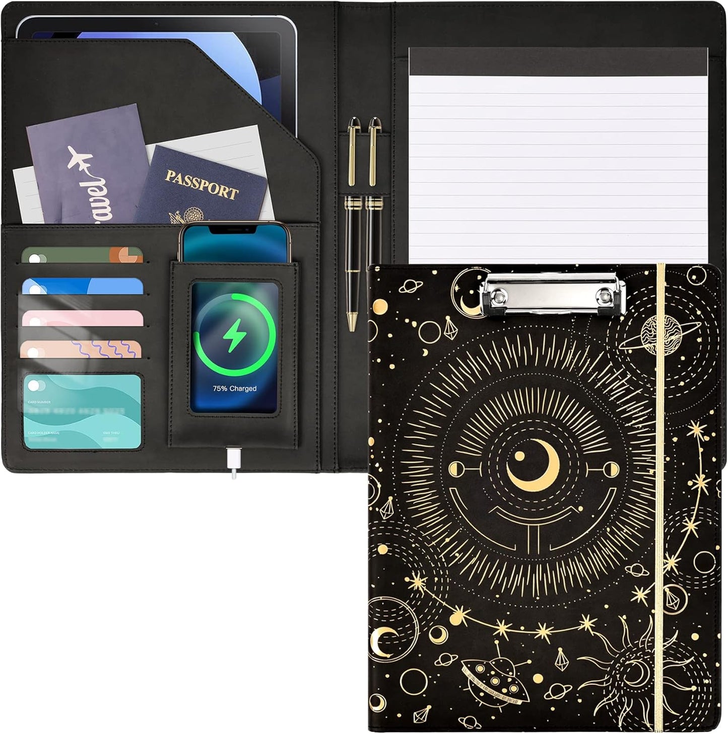 Clipboard Folio Folder Portfolio with Notepad-Pocket Business Card Holder Brown Faux PU Leather Portfolio