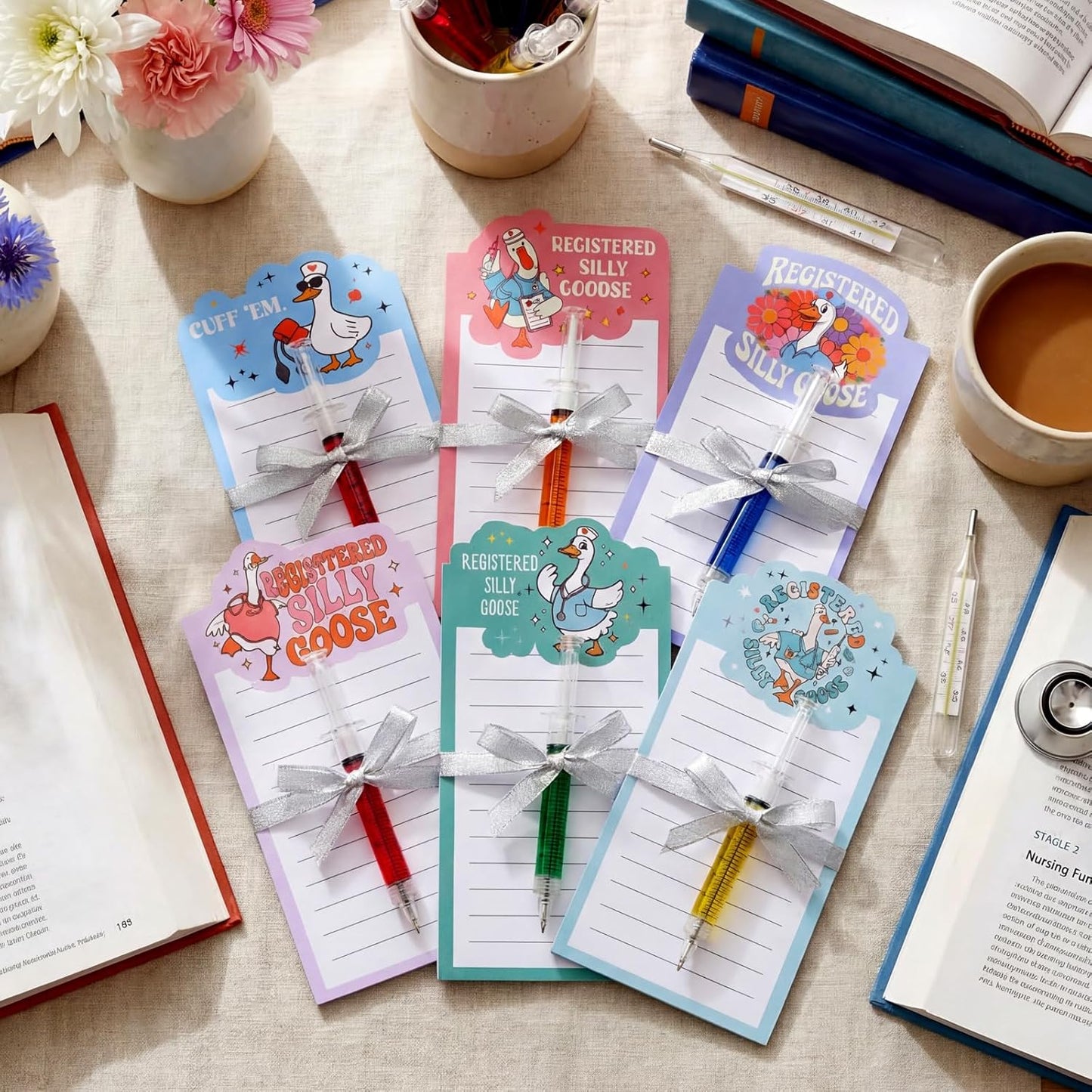 Laumoi 8 Set Funny Nurse Notepad with Pen 2026 Nurse Week Gift Bulk Nursing Sticky Note Die Appreciation Memo Pad with Syringe Ballpoint Pen for Medical Assistant Rn Cna Lrn (Novel, Bright Color)