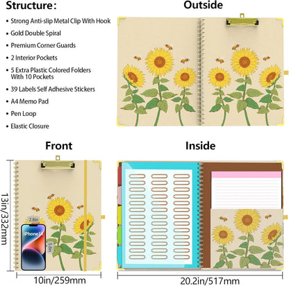 Clipboard Folder with Notepad Refillable Lined for Letter Size (11" x 8.5"), 5 Dividers with Storage 10 Pockets, Cute Spiral Foldable Clipboard with Metal Clip School Office Supplies (Sunflowers)