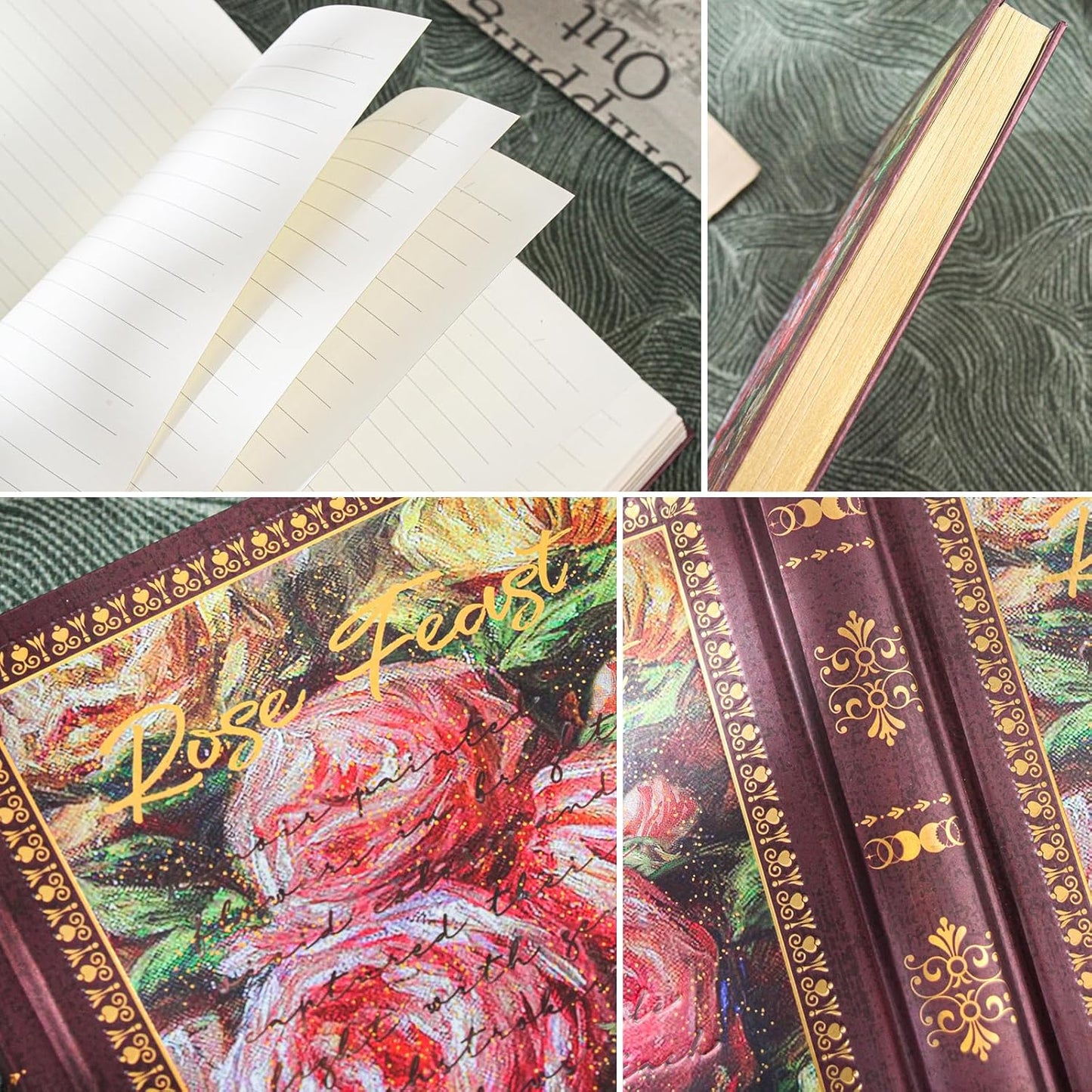 Hardcover Lined Journal - 224 Pages 100GSM Thick Paper A5 Notebook with Gilded Edges, Elegant Blue Damask Floral Pattern, Classic Aesthetic Diary for Women