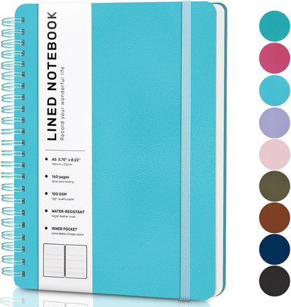 Lined Spiral Journal Notebook, A5 Hardcover Leather Notebook for Work, 5.7''×8.2'', 100GSM Thick Paper Spiral Bound Journaling Notebooks for Women & Men Office School Note Taking Business, Black