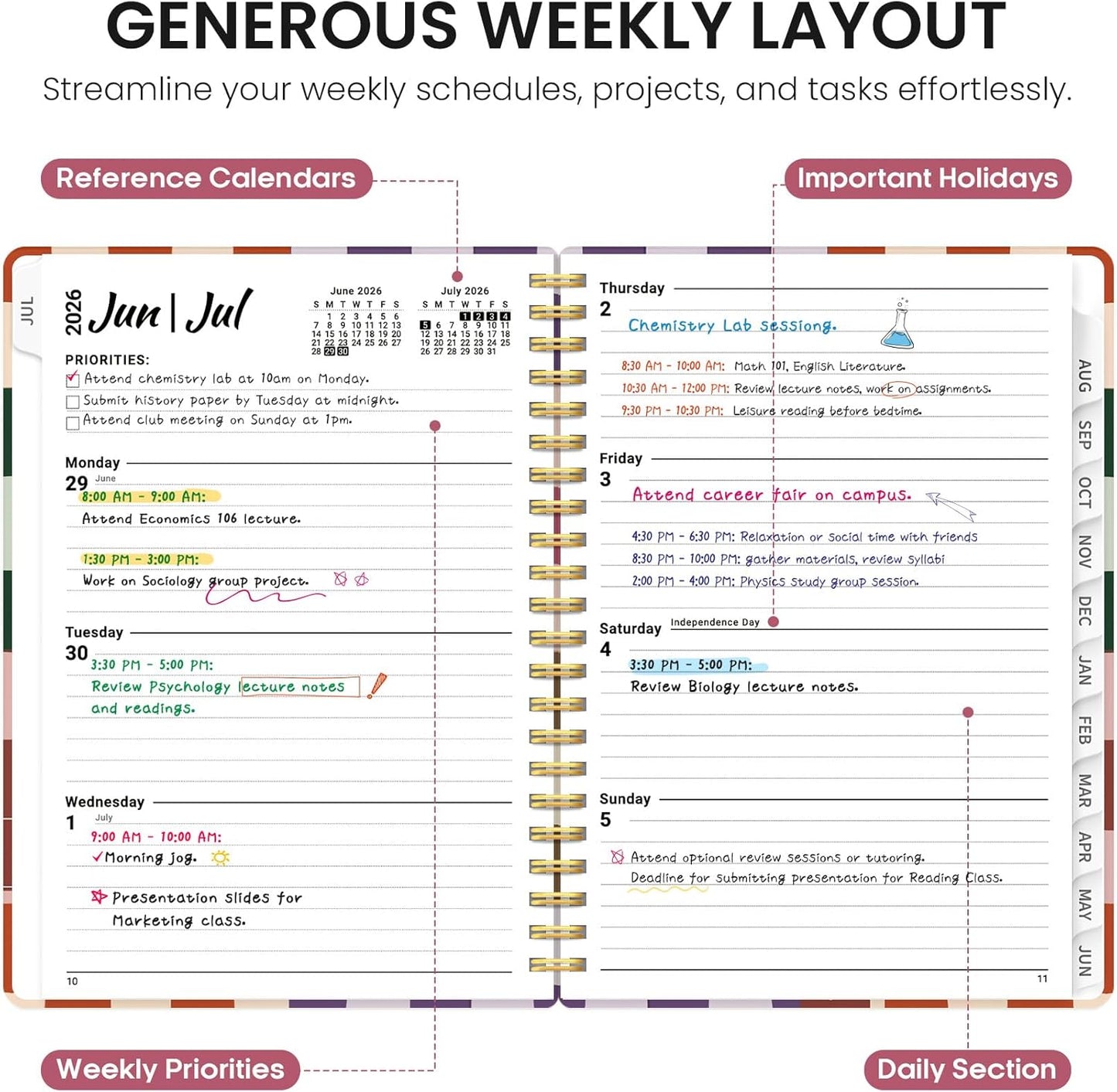 Planner 2026-2027, Academic Year Monthly and Weekly Calendar Planner, Jul 2026 - Jun 2027, Hardcover Teacher Student Planning Agenda book with Tabs, Perfect for School Office Supplies, 6.3" x 8.5" - Wildflowers
