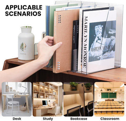 Vertical Magazine File Holder, Clear File Organizer Desk Organizer and Storage Bins Holding for Magazines, Binders, Notebooks, Envelopes, Plastic Office Organization and Storage for Desk, 4 pack