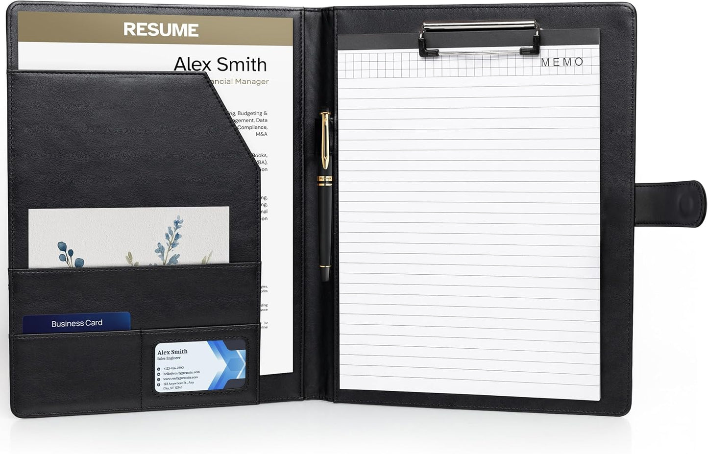 Professional Padfolio with Notepad Included | Faux Leather Portfolio Folder with Clipboard, Resume Folder, Legal Pad Holder, Business Card Holder | A4 Letter Size | Black