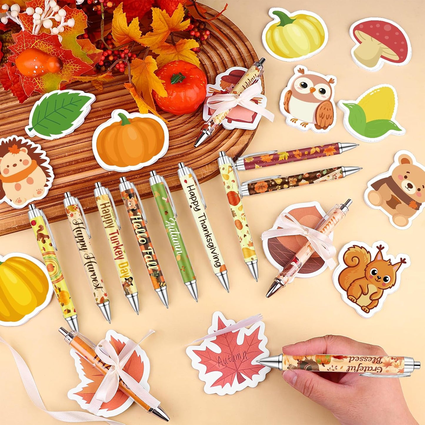 28 Sets Easter Sticky Notes Pads and Pens Set Corn Pumpkin Maple Leaf Acorn Shaped Notepads Harvest Memo Pads Self-Stick Notes Pads for School Office Supplies Fall Party Classroom Gifts