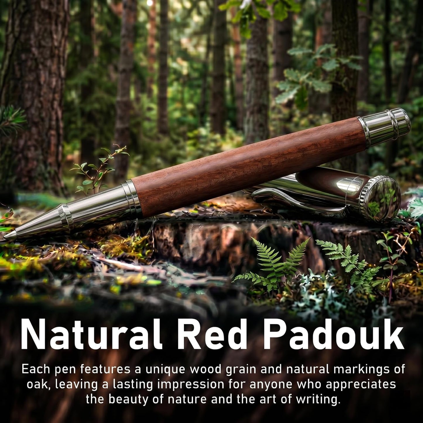 WEMATE Wood Rollerball Pen Set, Extra 2 Ink Refills(1 Black & 1 Blue), Fancy Writing Pen Nice Luxury Office Gift for Men, Professional and Executive, Cool Wooden Pen for Journaling - Red Padouk
