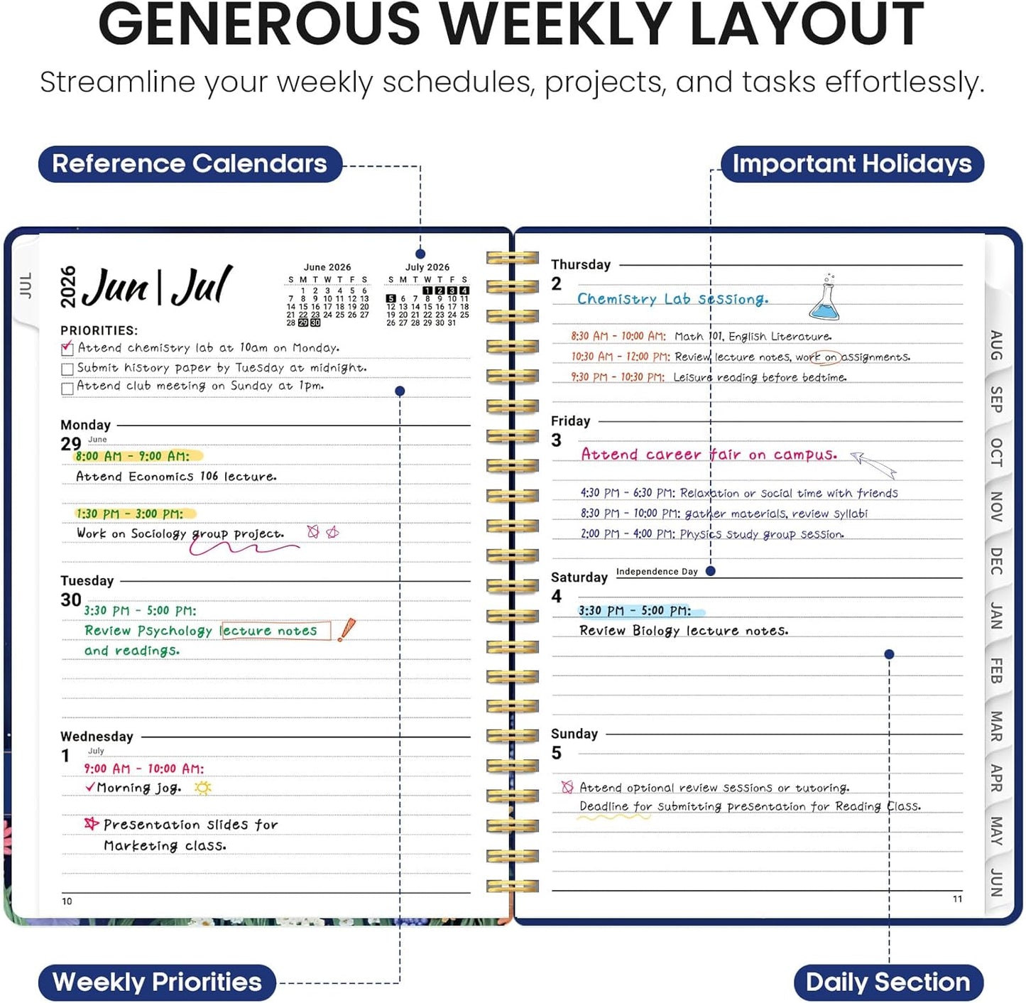 Planner 2026-2027, Academic Year Monthly and Weekly Calendar Planner, Jul 2026 - Jun 2027, Hardcover Teacher Student Planning Agenda book with Tabs, Perfect for School Office Supplies, 6.3" x 8.5" - Wildflowers