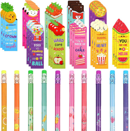 Teling 60 Pcs Inspirational Scented Pencils and Scented Bookmarks Sets Funny Smelly Pencils with Eraser Theme Bookmarks Cute Stationery Bulk for Reading Rewards Party Favors(Vivid)
