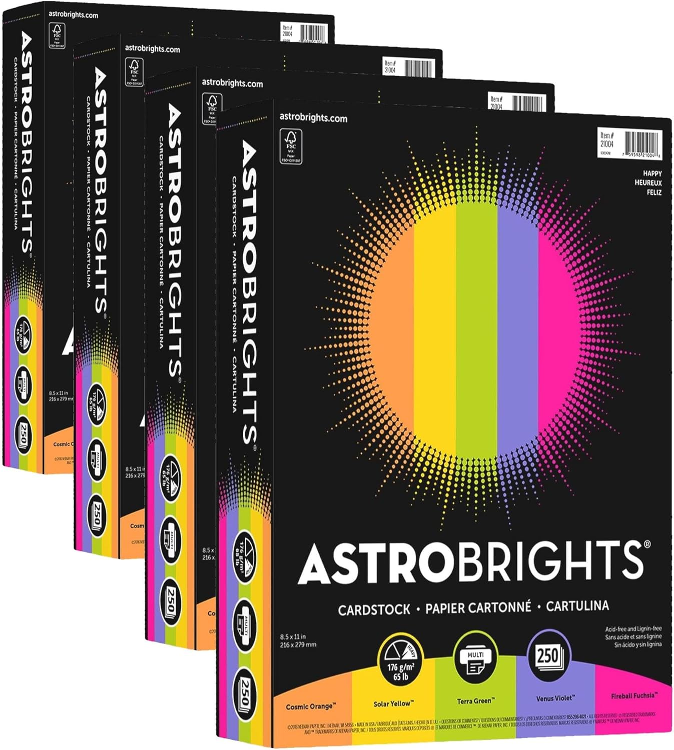 Astrobrights® Color Card Stock, Happy Assortment, Letter (8.5" x 11"), 65 Lb, Pack Of 250