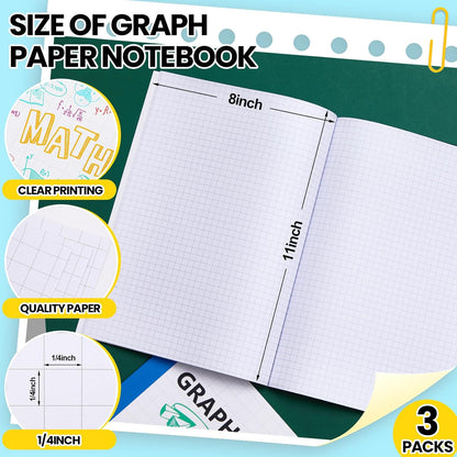 Ctosree 3 Pcs Graph Paper for Kids 1/2 Inch Squares Math Graph Paper Composition Notebook 8.5 x 11 Inches Quad Ruled Grid Notebook for Kids School Supplies