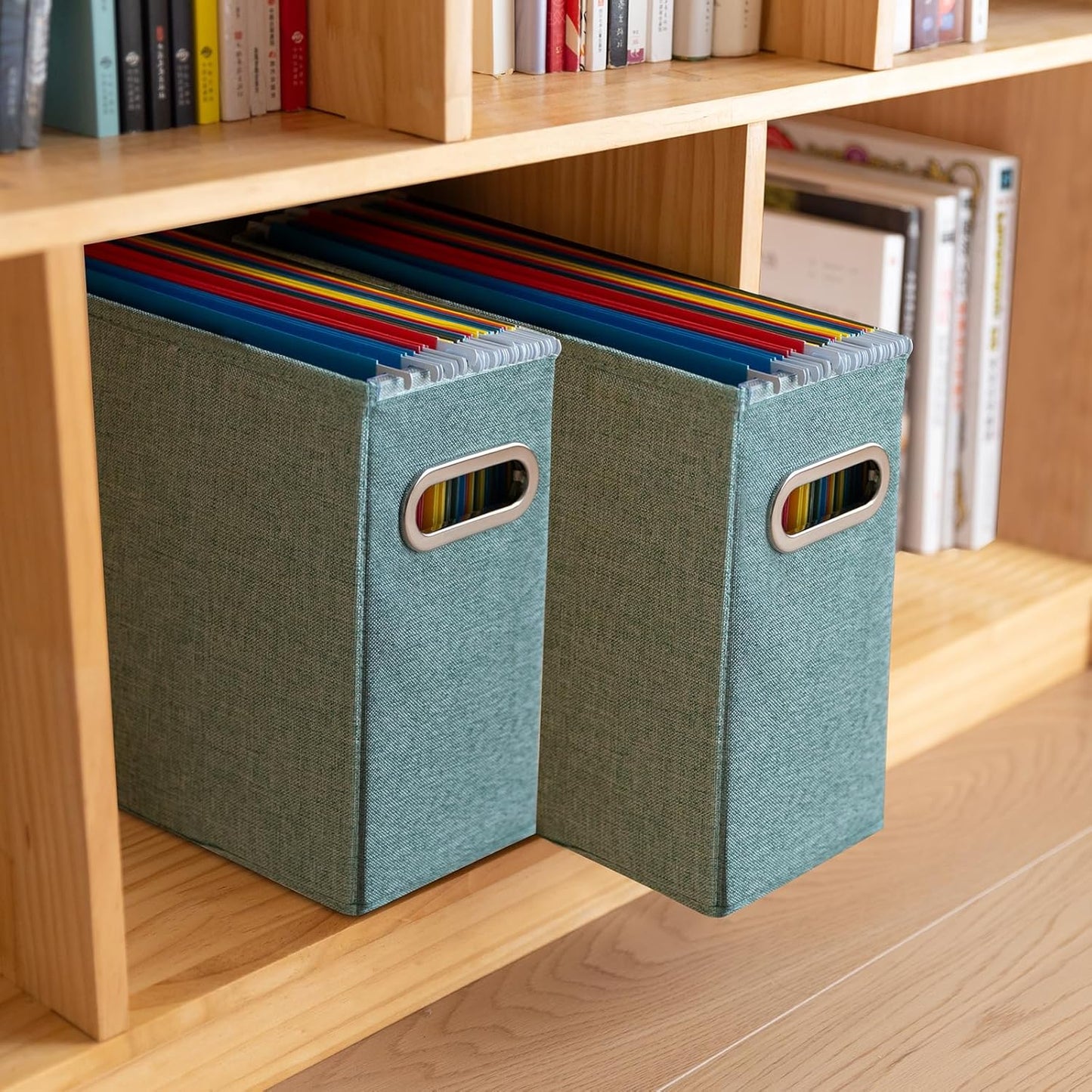 4 Pack Letter Size File Storage Box Collapsible, Fabric Hanging File Folders Organizer, Portable Office Document Holder with Metal Handle, Smooth PVC Rails, Beige