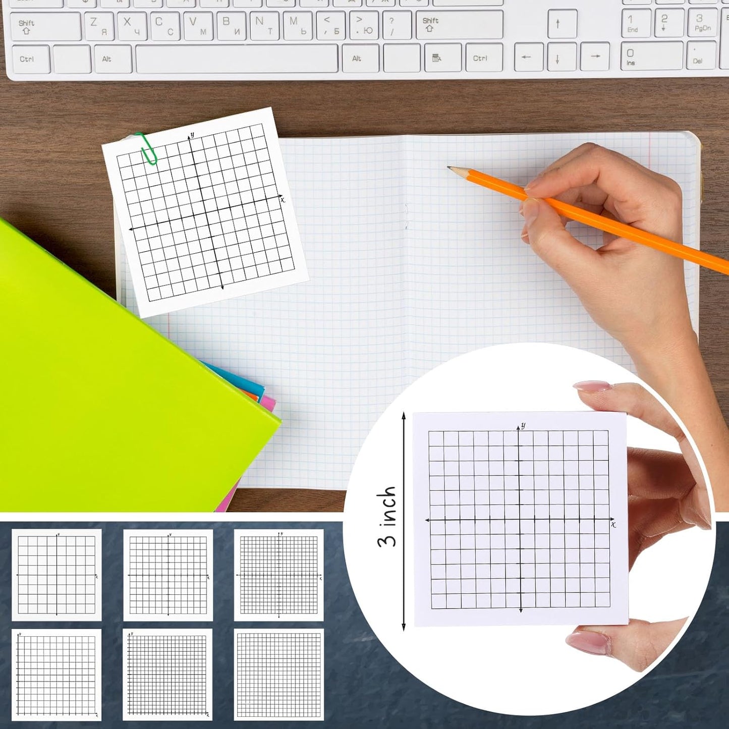 Sabary 8 Packs Graph Paper Sticky Notes 400 Sheets 3 x 3 Inch Lined Mini Graph Pads 20 x 20 Four Quadrant Adhesive Grid Sticky Notes for Office School Math Supplies(8 Pads)