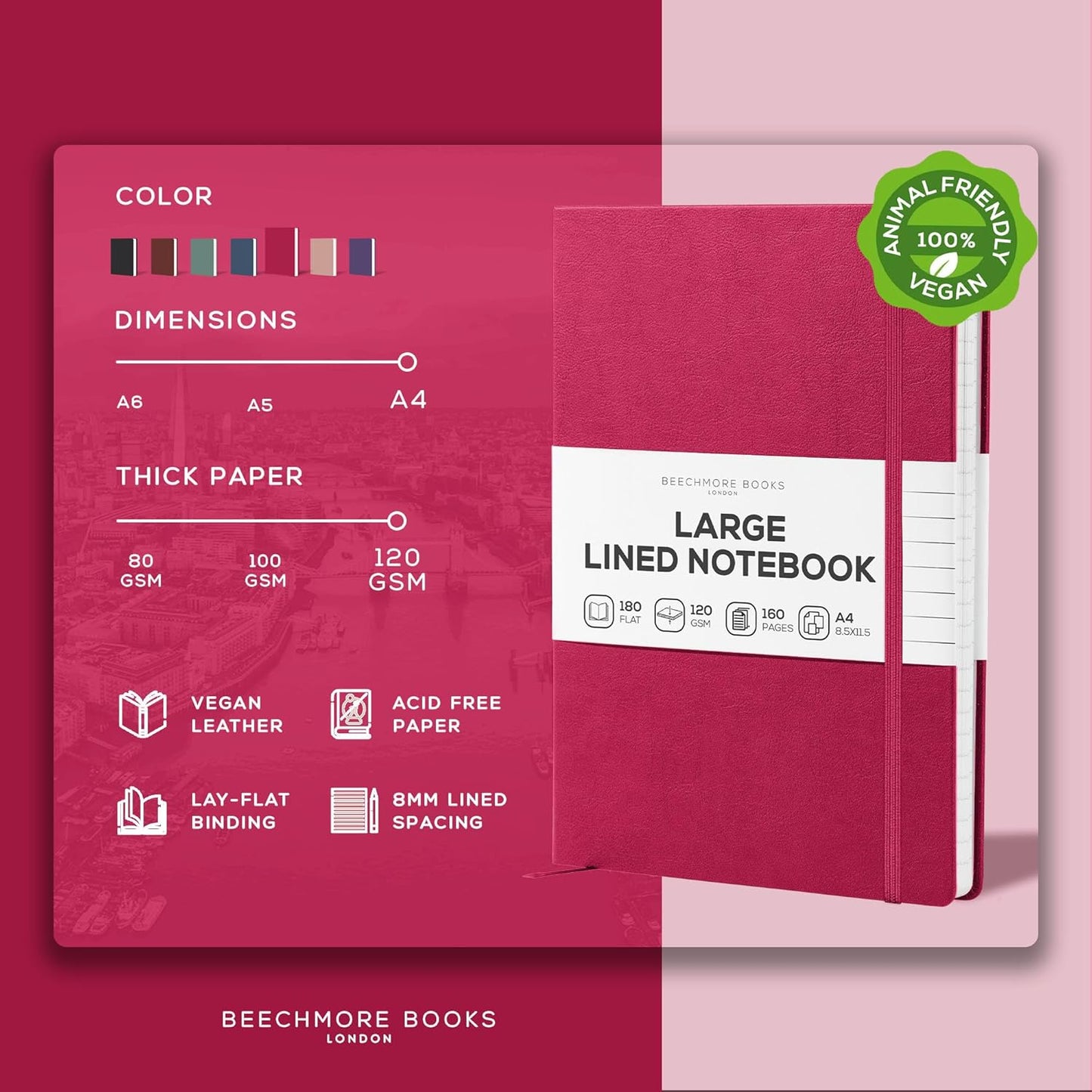 BEECHMORE BOOKS Large Lined Journal Notebook, 8.5" x 11.5" (A4) Hardcover Vegan Leather Executive Diary for Work, Thick 120gsm Paper, Lay-Flat Binding, Gift Box