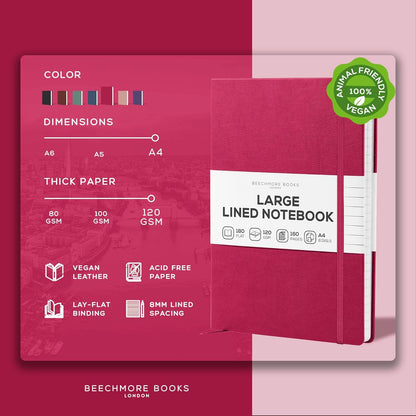BEECHMORE BOOKS Large Lined Journal Notebook, 8.5" x 11.5" (A4) Hardcover Vegan Leather Executive Diary for Work, Thick 120gsm Paper, Lay-Flat Binding, Gift Box