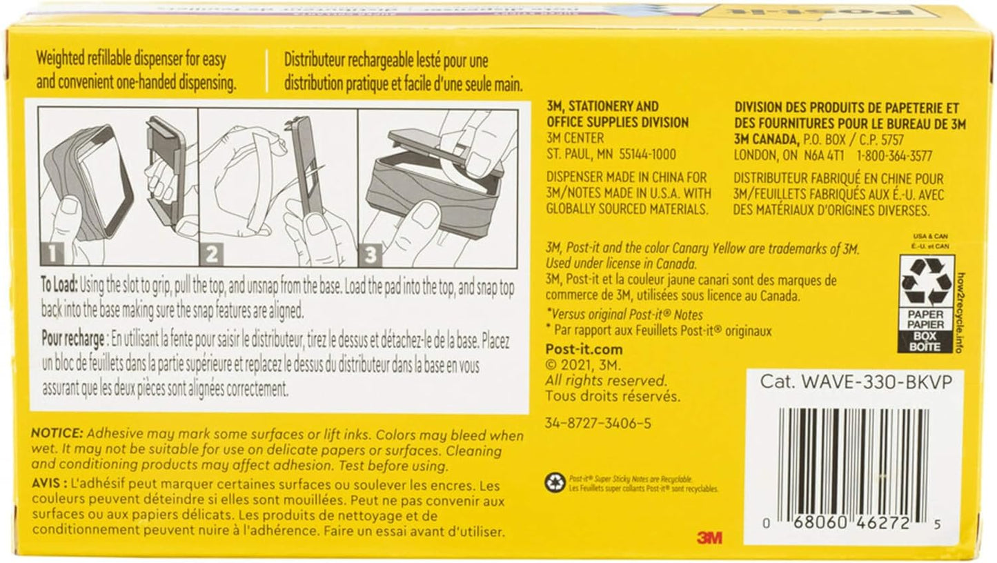 Post-it Note Dispenser, Sticky Note Holder, Black Wave Design, Includes 3 Pads of 90 Sheets of 3 in x 3 in Pop-Up Notes, Classroom or Office Supplies