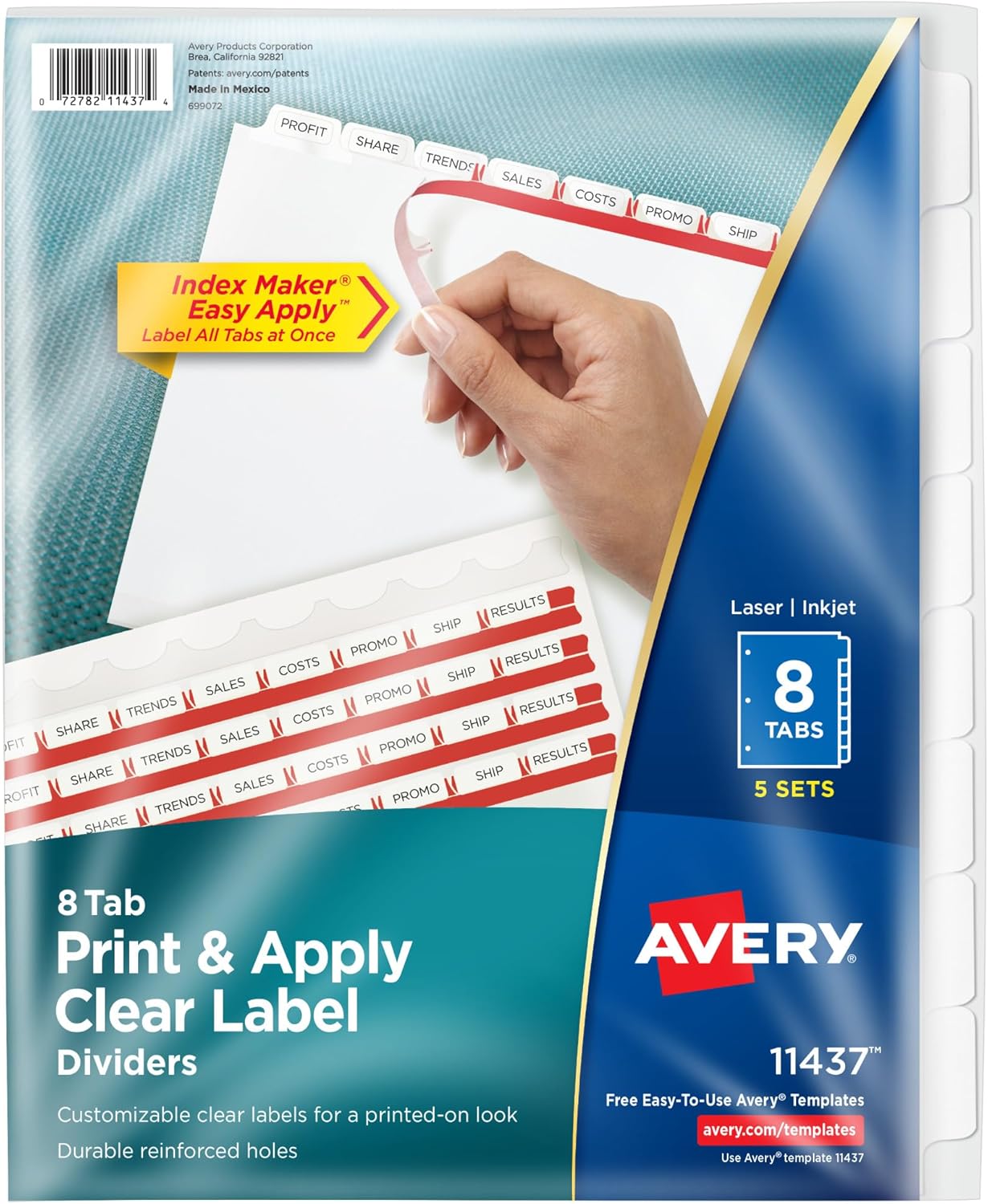 Avery 5 Tab Dividers for 3 Ring Binder, Easy Print & Apply Clear Label Strip, Index Maker Customizable White Tabs, 25 Sets (11446)