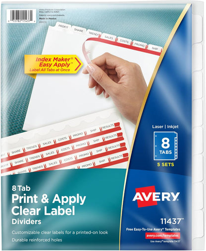 Avery 5 Tab Dividers for 3 Ring Binder, Easy Print & Apply Clear Label Strip, Index Maker Customizable White Tabs, 25 Sets (11446)