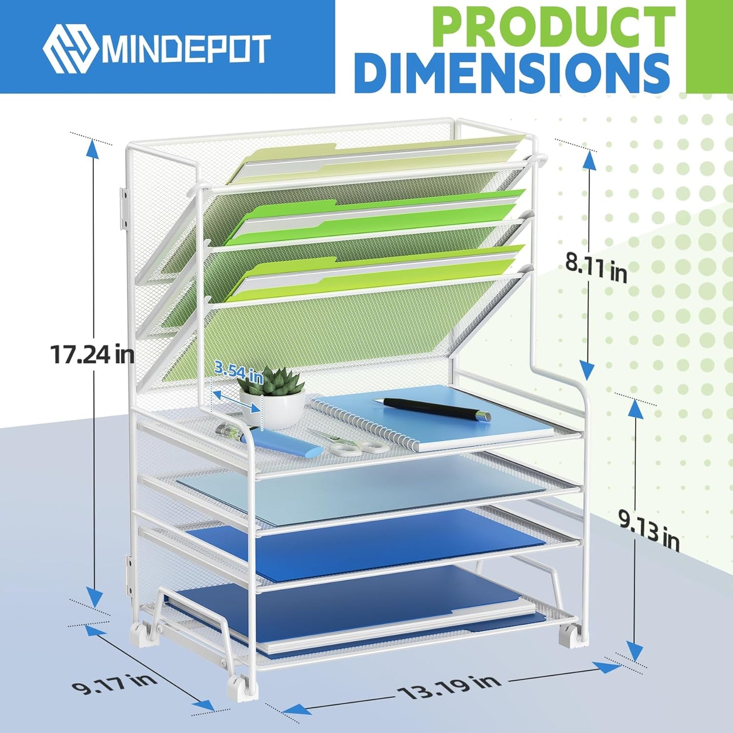 MINDEPOT 4-Tier Paper Organizer + 3-Pocket File Holder + Drawer + Pen Holders, Desktop File Organizers Paper Tray for Office Supplies School Classroom Organization (Black, No Drawer & Pen Holder)