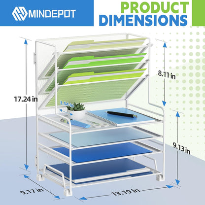 MINDEPOT 4-Tier Paper Organizer + 3-Pocket File Holder + Drawer + Pen Holders, Desktop File Organizers Paper Tray for Office Supplies School Classroom Organization (Black, No Drawer & Pen Holder)