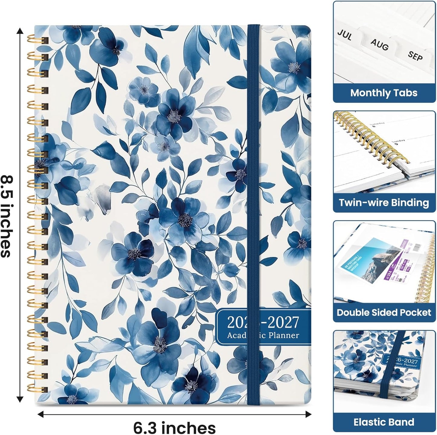 Planner 2026-2027, Academic Year Monthly and Weekly Calendar Planner, Jul 2026 - Jun 2027, Hardcover Teacher Student Planning Agenda book with Tabs, Perfect for School Office Supplies, 6.3" x 8.5" - Wildflowers