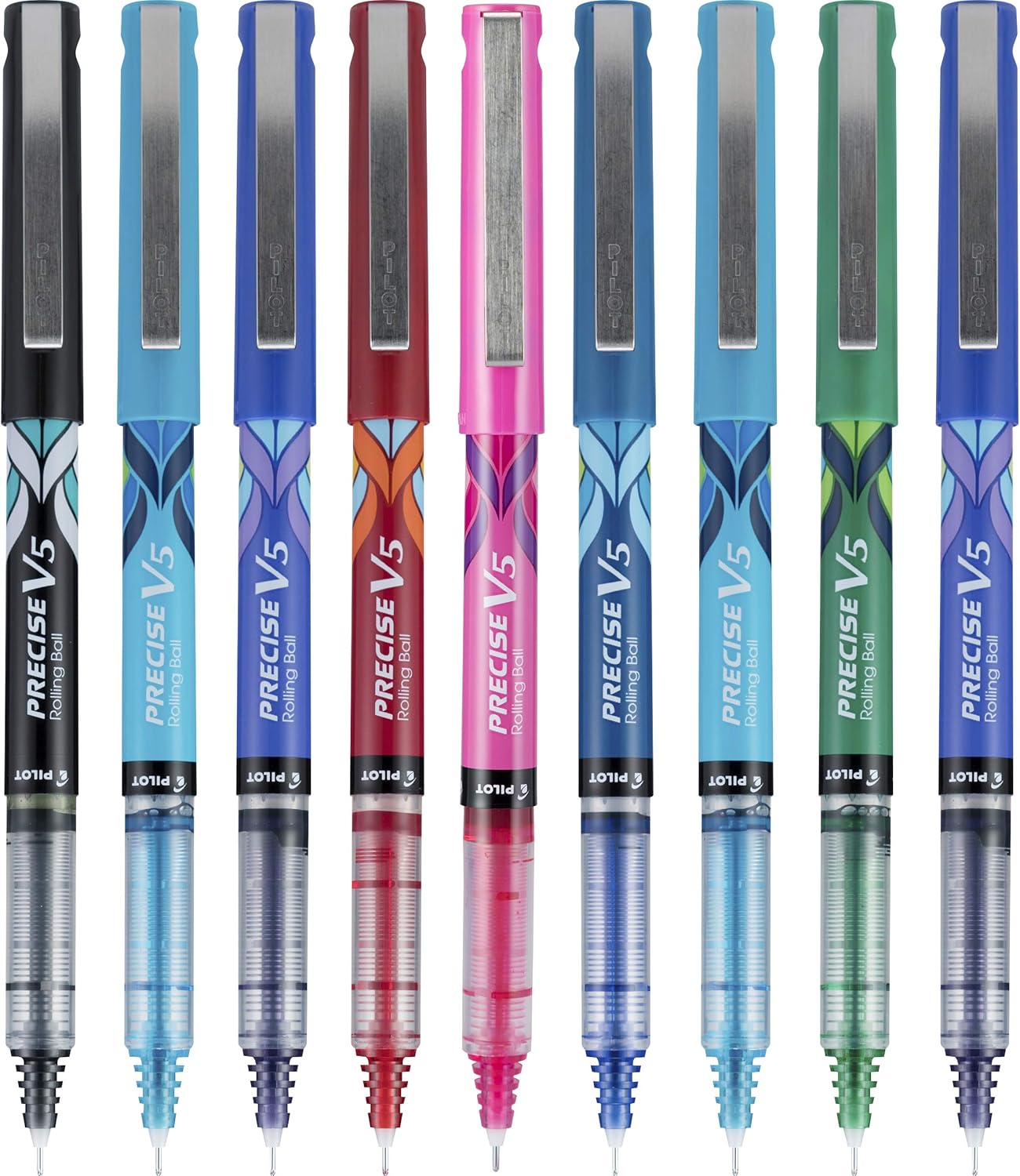 PILOT Precise V5 Stick Deco Collection Liquid Ink Rolling Ball Stick Pens, Extra Fine Point (0.5mm) Assorted Ink Colors, 9-Pack (38811)