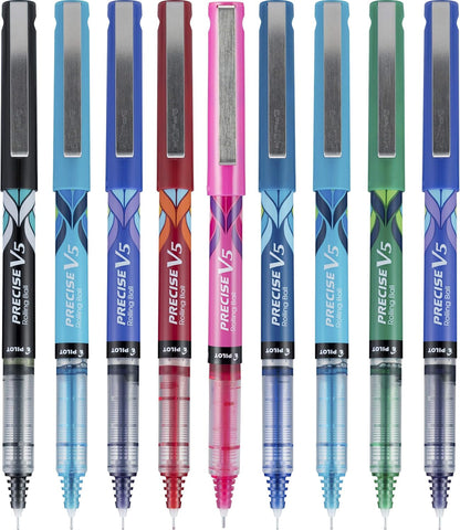 PILOT Precise V5 Stick Deco Collection Liquid Ink Rolling Ball Stick Pens, Extra Fine Point (0.5mm) Assorted Ink Colors, 9-Pack (38811)