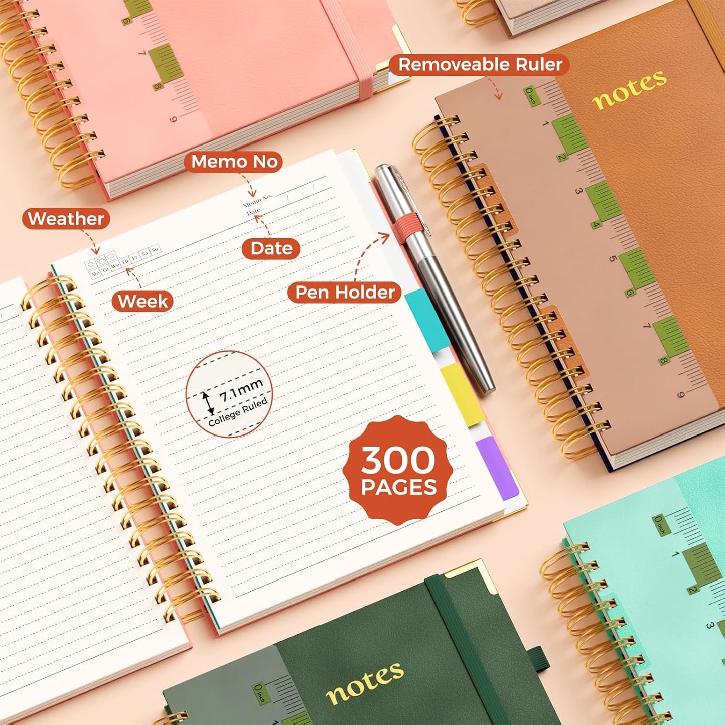Line Hardcover Spiral Notebook with Removable Dividers Tabs & Ruler, 5 Subject Notebook College Ruled, 300 Page, Large 8"x10" B5 Notebooks for Work School, Lined Journal for Women & Men, Purple