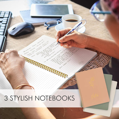 ZICOTO Aesthetic Spiral Notebook Set of 3 For Women - Cute College Ruled 8x6 Journal/Notebook with Large Pockets And Lined Pages - Perfect Supplies to Stay Organized at Work or School