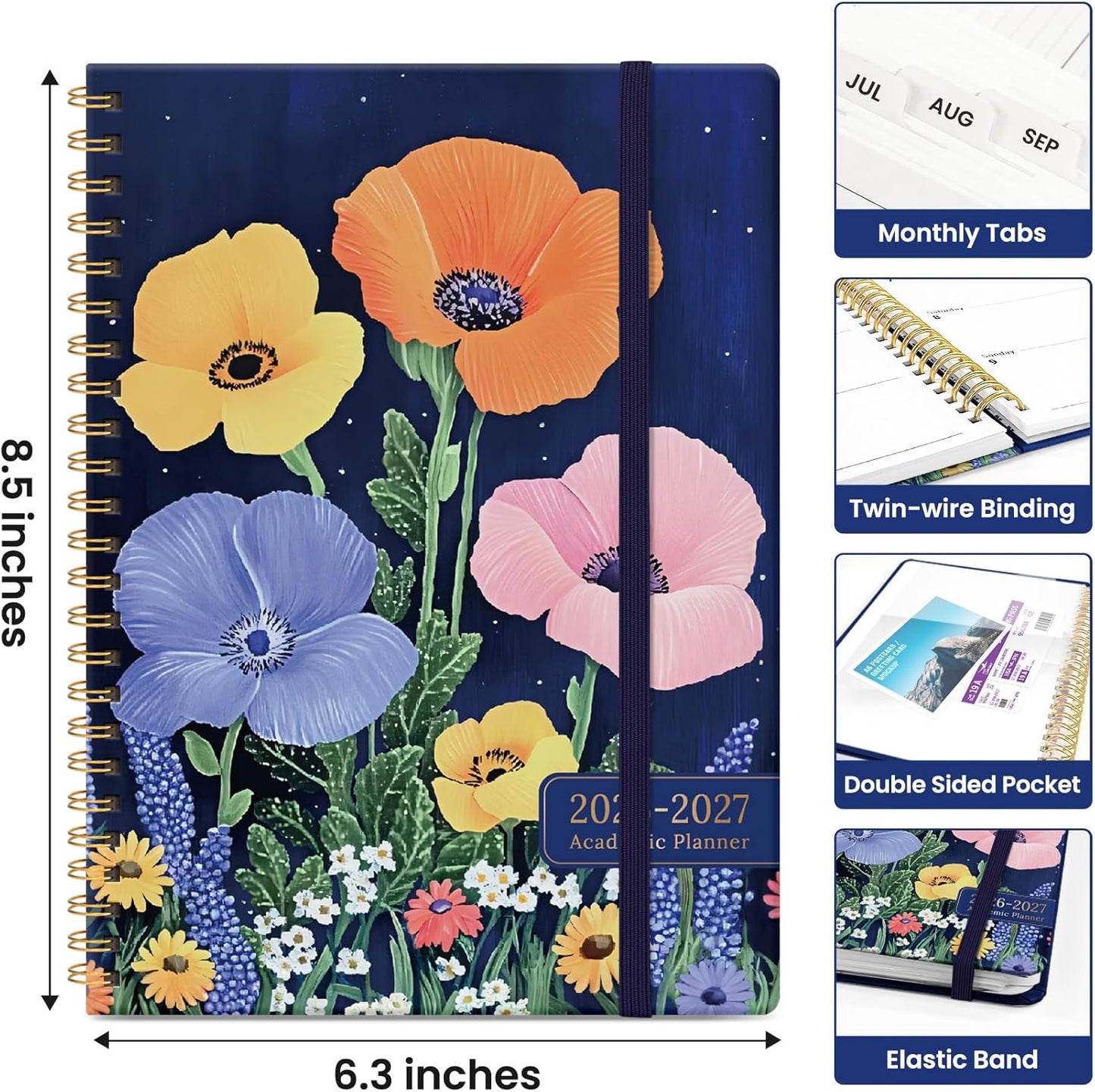 Planner 2026-2027, Academic Year Monthly and Weekly Calendar Planner, Jul 2026 - Jun 2027, Hardcover Teacher Student Planning Agenda book with Tabs, Perfect for School Office Supplies, 6.3" x 8.5" - Wildflowers