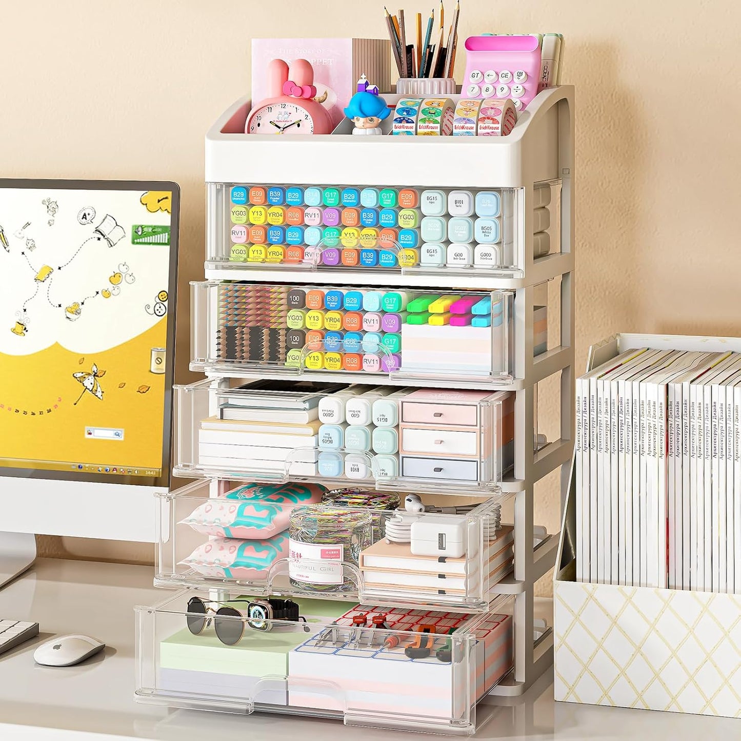 Desk Organizer with Drawers, 3 Drawers Storage Organizer, Desktop Storage Drawers for Office/School Supplies, Plastic Stationary Makeup Organizer, Desk Storage Box for Office, School, Home