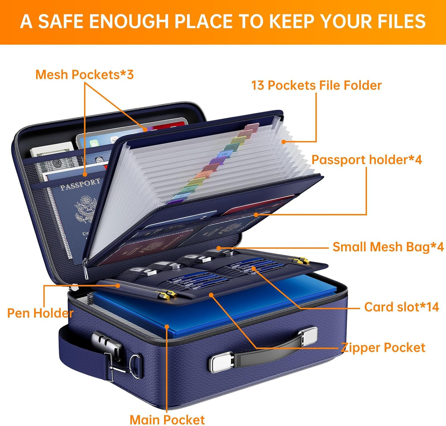 DocSafe Fireproof File Organizer with Lock, Hard-Shell Case Fireproof Document Box with 13 Pocket Accordion File Folder, Portable Home Office Travel Safe Storage for Important Documents Laptop Black
