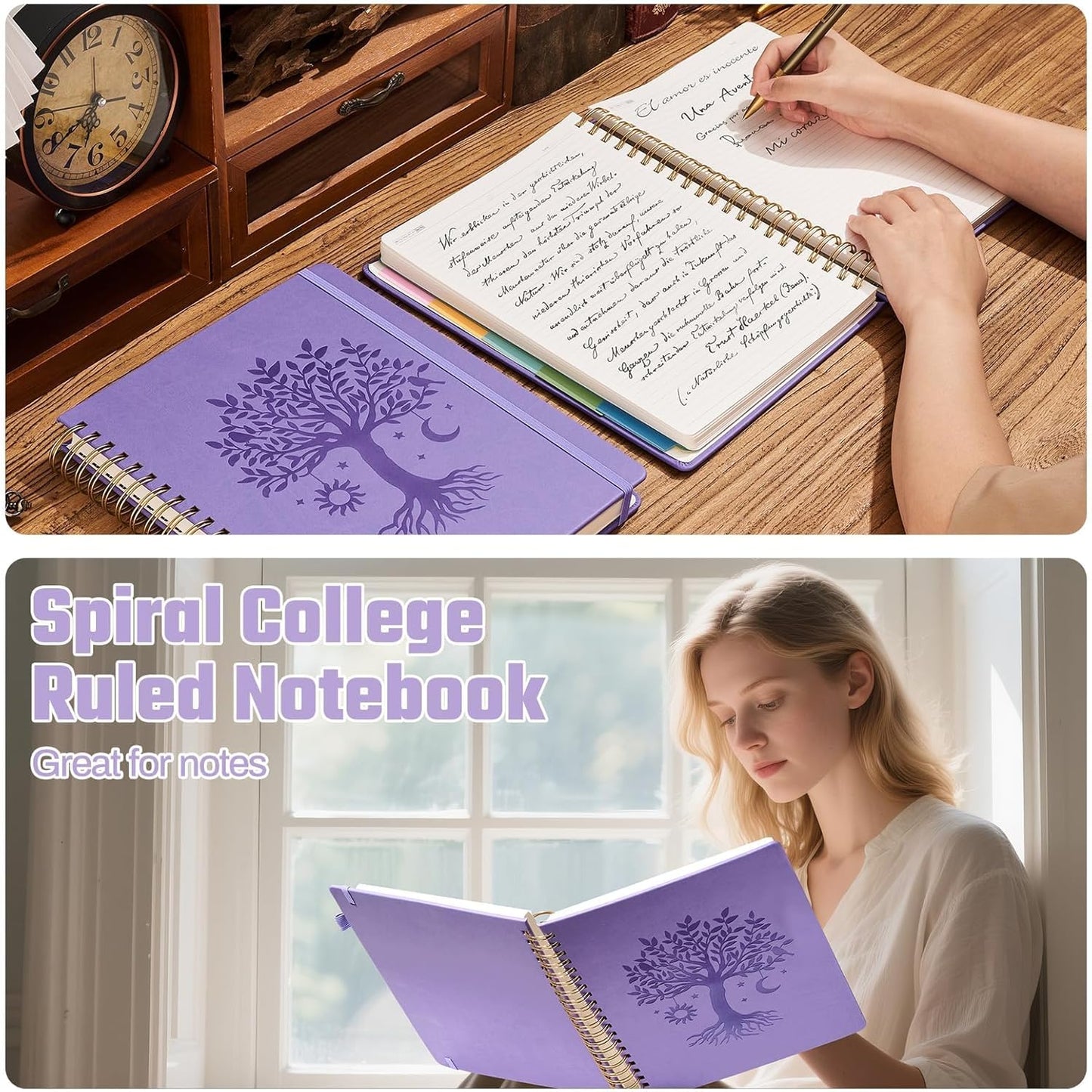 Ovesmusl Hardcover Spiral Notebook 8.5" x 11" with 5 Removable Dividers 300 Pages Leather 5 Subject Notebook College Ruled 100GSM Large Spiral Notebooks for Work Thick Lined Journal for Women, Green