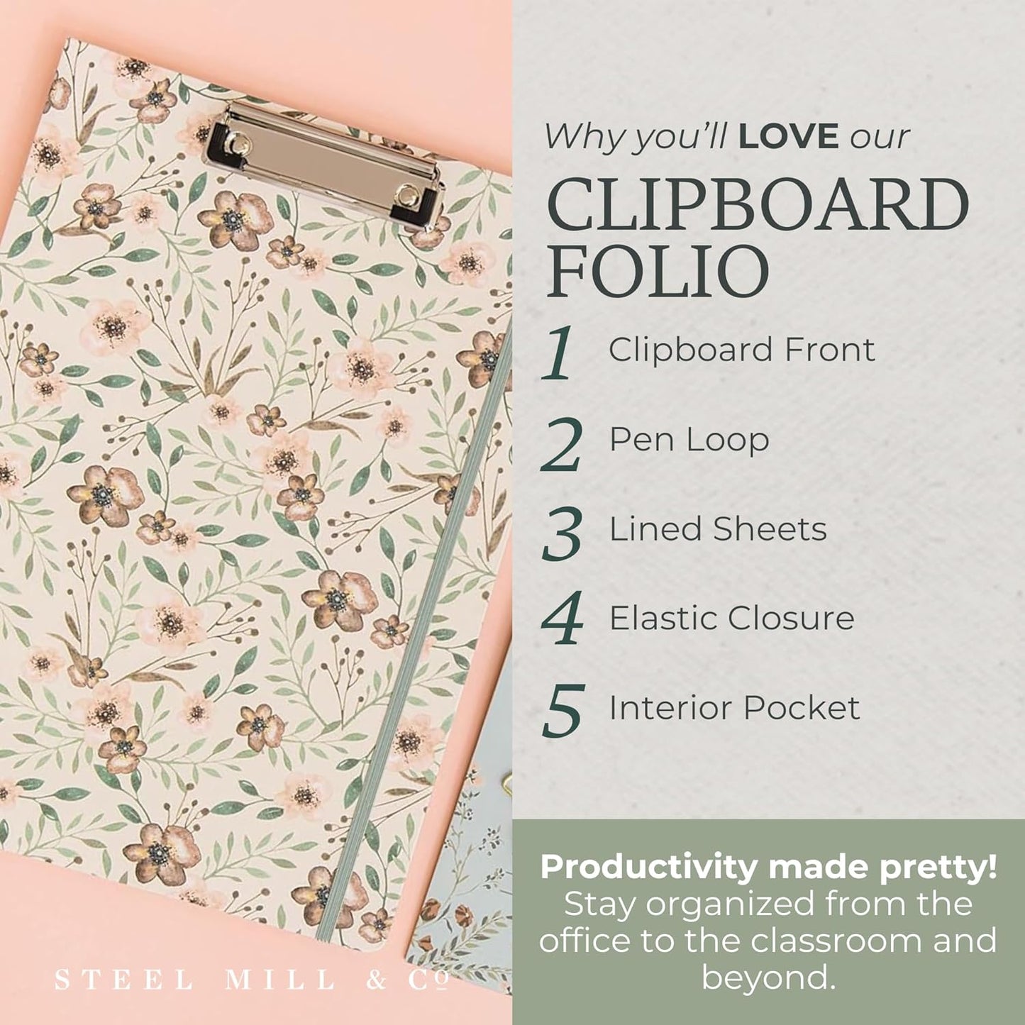 Steel Mill & Co Cute Clipboard Folio with Refillable Lined Notepad and Interior Storage Pocket, Floral Padfolio for Work, Garden Blooms Cream