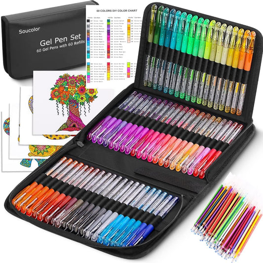 Soucolor Glitter Gel Pens for Adult Coloring Books, School Art Class Supplies,120 Pack-60 Glitter Pens, 60 Refills and Travel Case, 40% More Ink Markers Set for Drawing Doodle Journaling Planner Craft