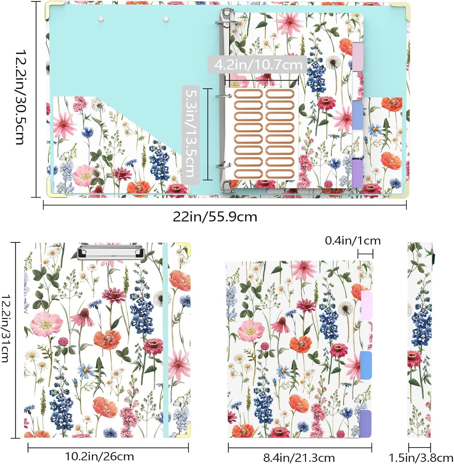 3 Ring Binder 2 Inch Round Ring Binder with 6 Tab Dividers，2 Interior Pockets，Cute Binder Clipboard with Storage, for School Office, Portfolio(Almond Tree)