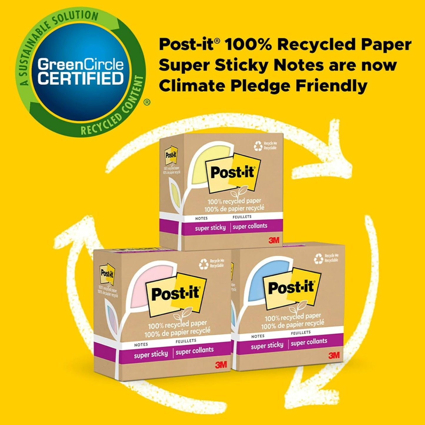 Post-it 100% Recycled Paper Super Sticky Notes, 4 in. x 4 in., 3 Pads, 70 Sheets per Pad, Wanderlust Pastels, School Supplies and Office Products