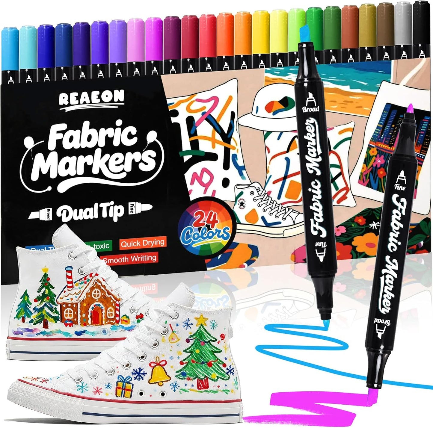 Reaeon Black Fabric Markers, Dual Tip Fabric Paint Markers, Permanent Fabric Pens for Clothes, T Shirts, Canvas, Bags (6pack)
