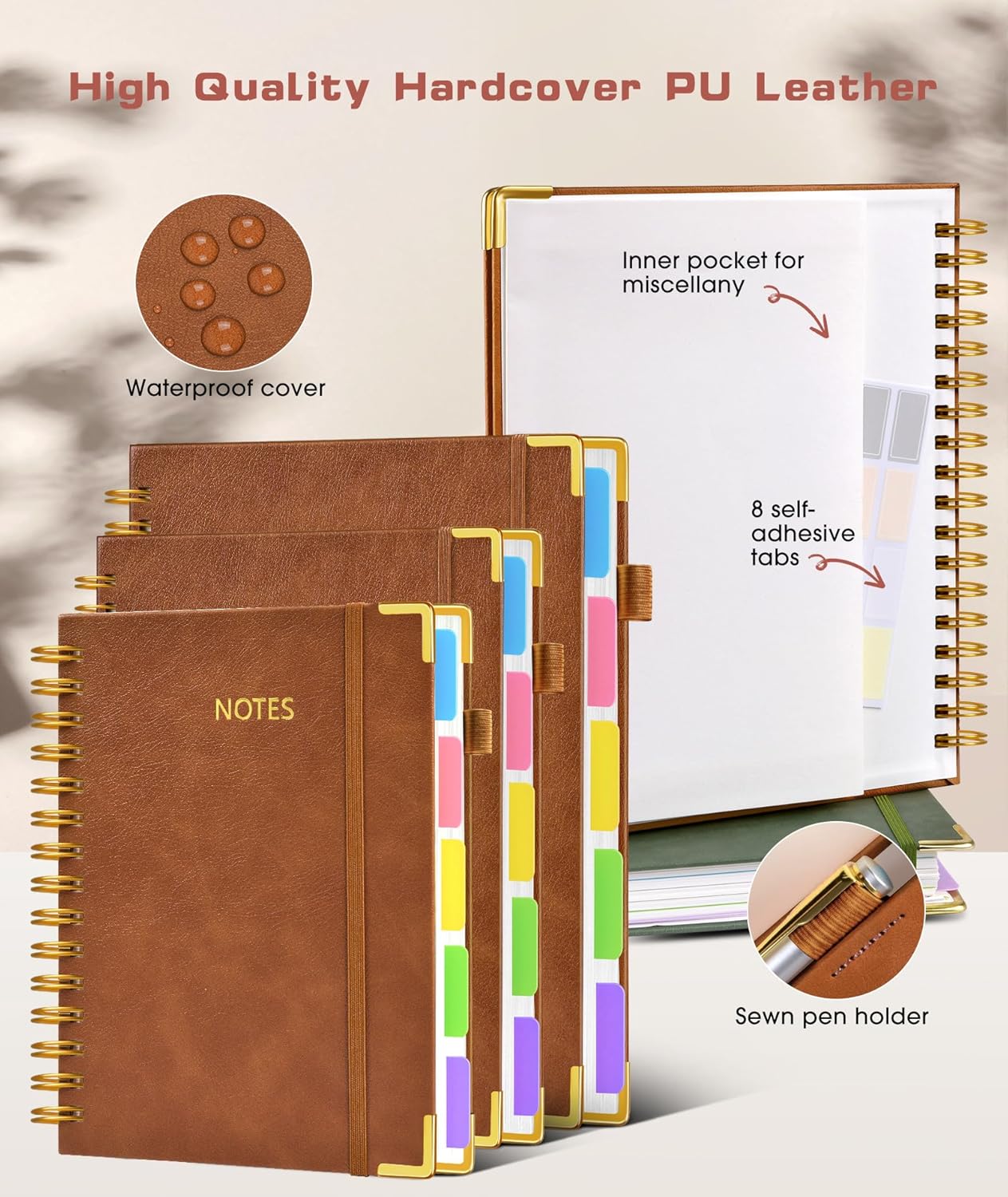Hardcover Spiral Notebook Journal with Removable Dividers Tabs, 300 Pages Leather 5 Subject Notebook College Ruled, 8"x10" Large B5 Notebooks for Work School Note taking, Lined Journal for Women, Pink
