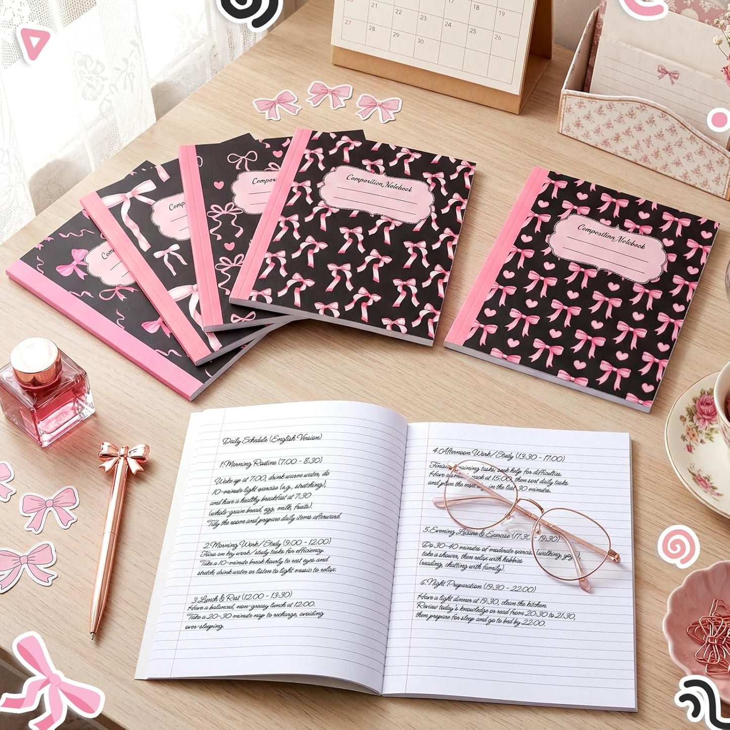 Fullhawl 6 Pcs Bow Composition Notebooks, Preppy Coquette Notebook College Ruled Journal, 110 Page, Cute Back to School Gift for Teacher, Student, First Day of Schooll(Pink,9-3/4 x 7-1/2")