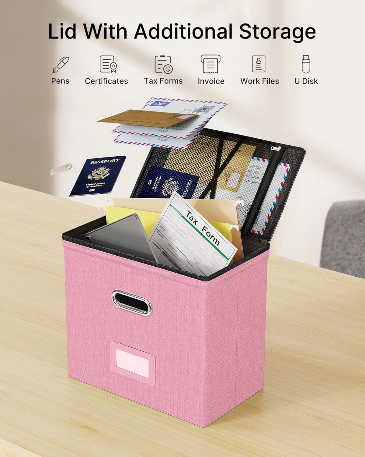 Oterri 2 Pack File Organizer Boxes with Lids, File Box with Mesh Pockets, Document Organizer Box for File Folders Letter Size, Zippers Filing Box for Home, Office, School (Green, Without Folders)