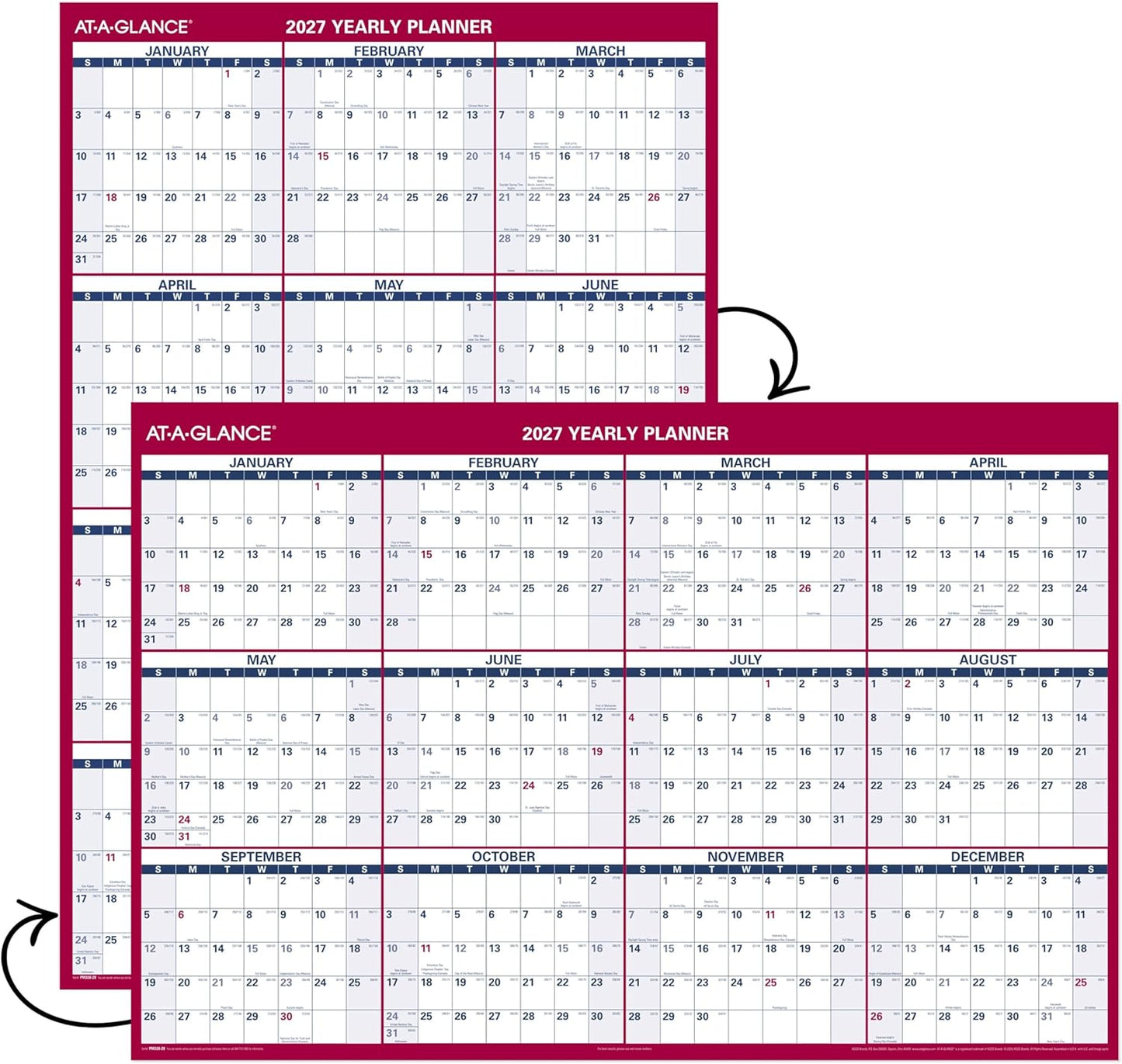AT-A-GLANCE 2026 Erasable Calendar, Dry Erase Wall Planner, 12" x 16", Small, Vertical-Horizontal, Reversible, Compact (PM330B2826)