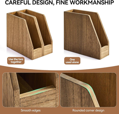 KIRIGEN Wood File Folder Holder Desktop Document Rack Organizer Desk Paper Holder Storage Sorter 2 Packs 2TWJJ-NA