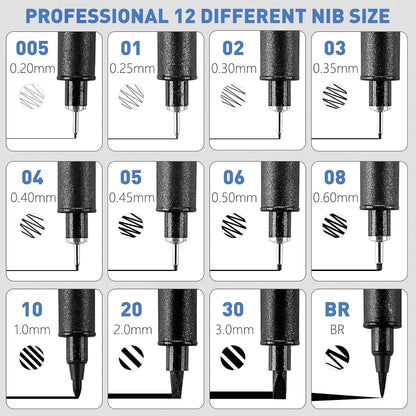 YISAN Drawing Art Pens,Micro Fineliner Pens,Fine Tip Manga Markers for Artist Sketch Technical,Black,12 Set,902195