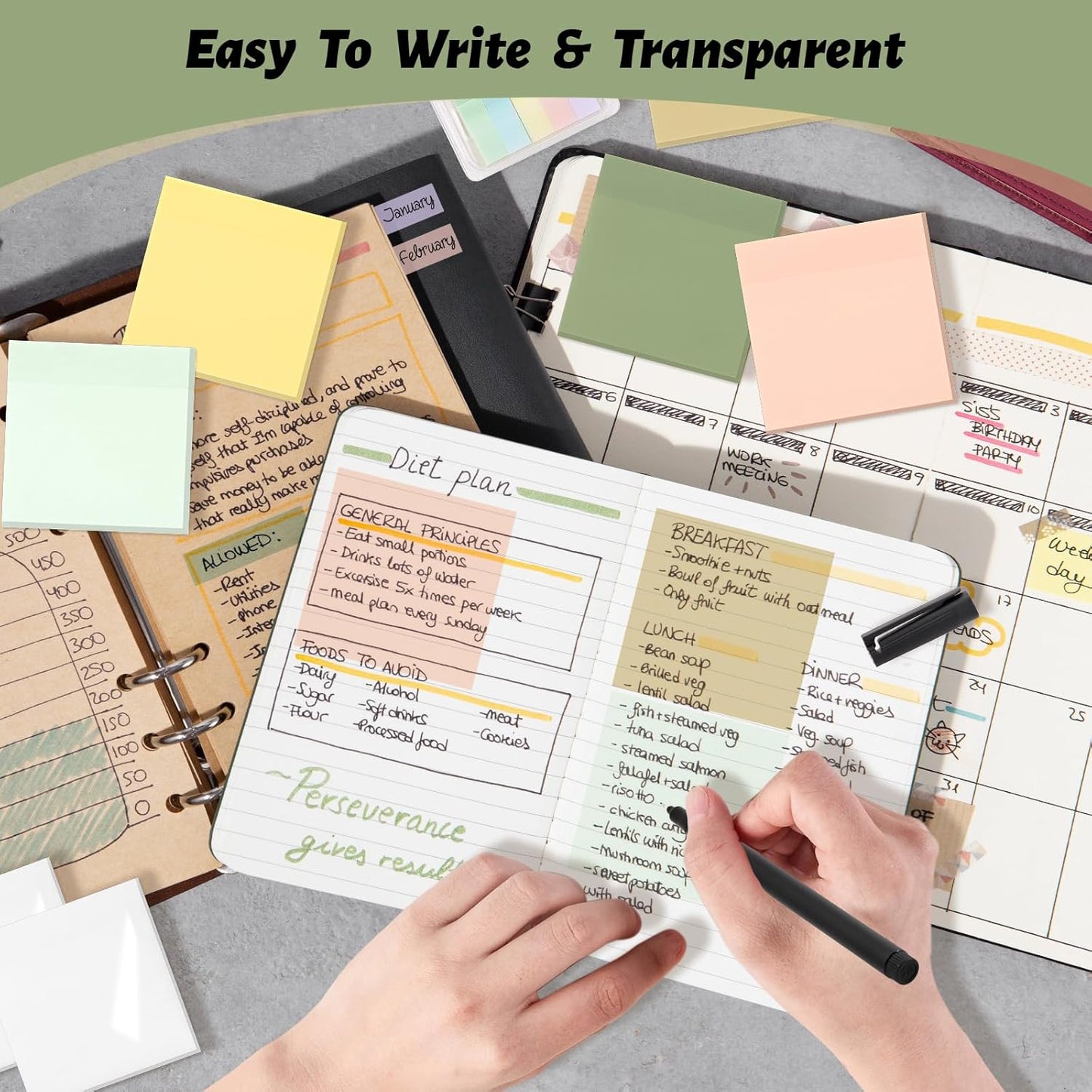 800 Sheets Transparent Sticky Notes, 3x3 Inch 14 Pads Self-Adhesive Translucent Clear See Through Post Sticky Notes for Planner Office School College Teacher Student Supplies 6 Bright Color