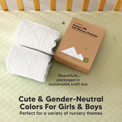 2-Pack Waterproof Crib Mattress Protector Cover Fitted - Quiet Baby Crib Mattress Pad Sheets, 52" x 28" Soft Quilted Cotton Baby Sheet, Machine Washable, Easy Fit, Durable (Soft White/Mavy)
